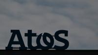 Photo du logo du géant informatique français Atos à Rennes, le 21 mars 2024