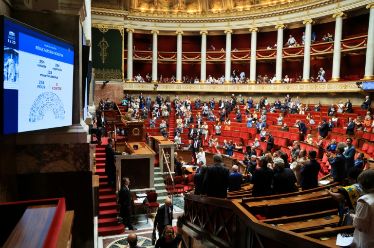 Des députés applaudissent après l'adoption à l'unanimité, par l'Assemblée nationale, d'un projet de loi visant à abolir les lois relatives à l'esclavage, le 28 mai 2026 à Paris 