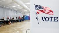 Des électeurs s'enregistrent lors du deuxième jour de vote anticipé en vue des élections de mi-mandat, dans un bureau de vote installé au DuPage Event Center and Fairgrounds à Wheaton, dans l'Illinois, le 25 septembre 2026
