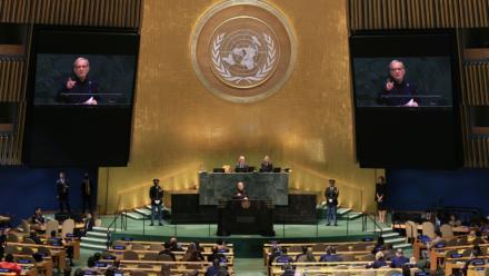 Le président iranien Massoud Pezeshkian lors de la 81e session de l'Assemblée générale des Nations unies à New York, le 23 septembre 2026