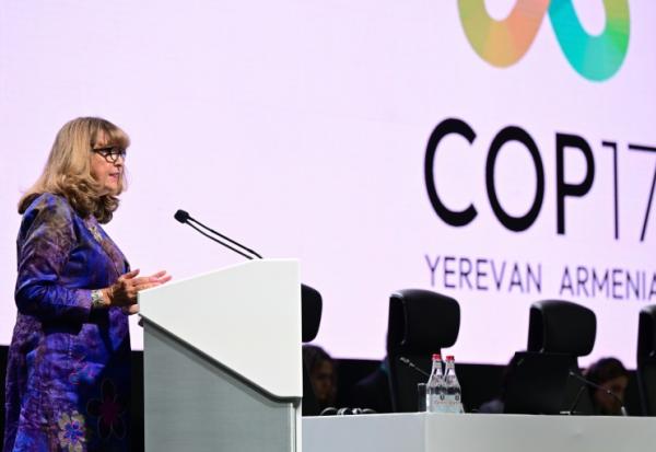 Astrid Schomaker, secrétaire exécutive de la Convention des Nations unies sur la diversité biologique, lors de la COP17 à Erevan, le 27 octobre 2026 en Arménie
