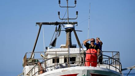 Un pêcheur sur le pont de son bateau alors qu'il arrive pour décharger sa pêche au port de Lampedusa après une journée en mer, le 8 juillet 2026 en Italie