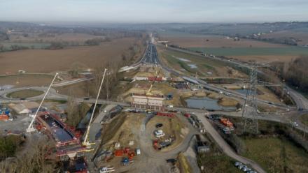 Une vue aérienne d'une partie du chantier de l'A69 à Verfeil, en Haute-Garonne, le 27 février 2025