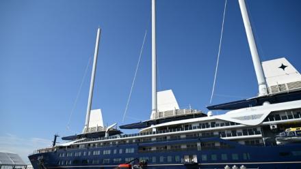 Le voilier Orient Express Corinthian, aux chantiers navals de l'Atlantique à Saint-Nazaire, le 28 avril 2026 en Loire-Atlantique