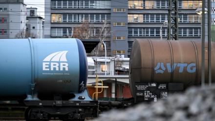 Railway tank cars in front of an industrial area with chemical enterprises in Frankfurt am Main