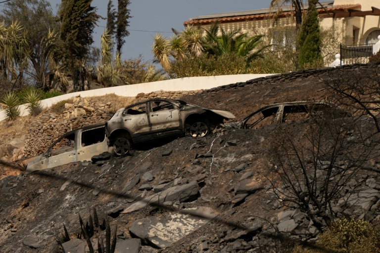 Des voitures calcinées près d'une maison sont visibles après un incendie de forêt ayant fait au moins 12 morts, à Bedar, dans la province d'Almería, le 11 juillet 2026