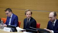 Le député UDR Charles Alloncle, rapporteur de la commission d'enquête sur l'audiovisuel public, le 8 avril 2026 à l'Assemblée nationale à Paris