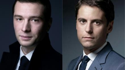 Montage réalisé le 7 mai 2024 du président du Rassemblement national (RN) Jordan Bardella (G), le 31 janvier 2024 à Paris, et de l'ex-Premier ministre Gabriel Attal, le 23 septembre 2020, à Paris 