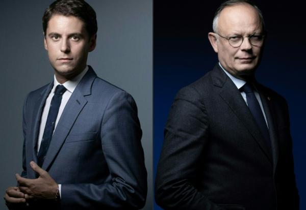 Gabriel Attal (g), alors porte-parole du gouvernement, le  23 septembre 2020 à Paris et le maire du Havre et président du parti Horizons Edouard Philippe à Paris le 26 février 2025
