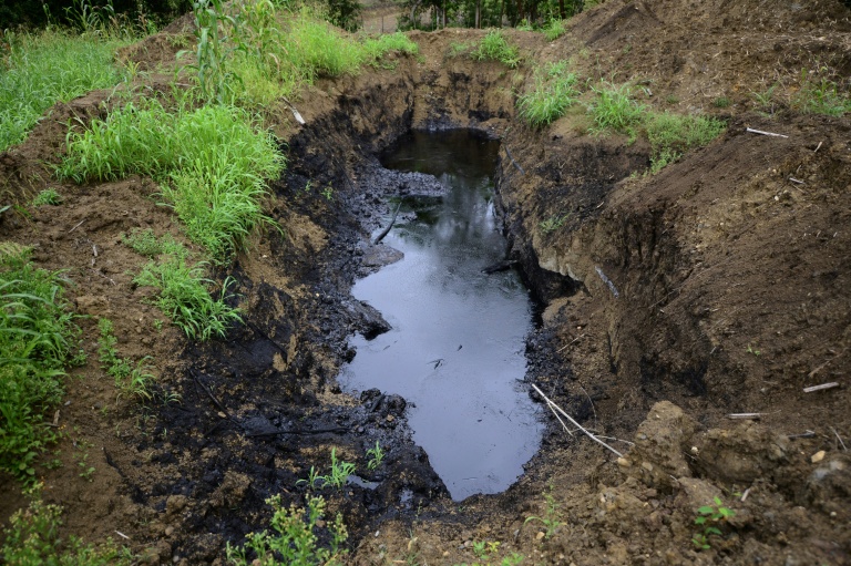 Une nappe de pétrole en plein champ à Furberos, dans l'État de Veracruz, au Mexique, le 10 avril 2026