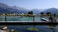 Vue du plan d'eau biotope et de ses bassins de filtration naturelle, à Combloux, en Haute-Savoie, le 12 août 2026