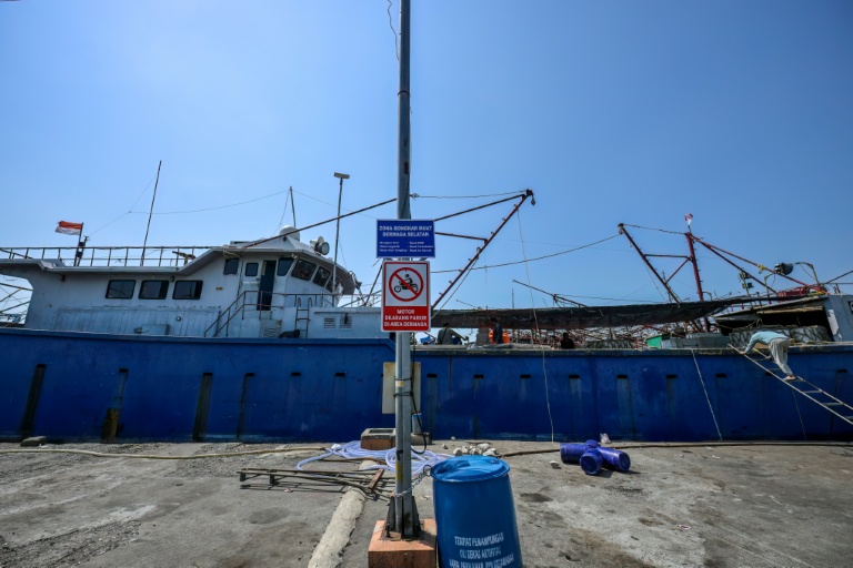 Des membres d'équipage sur un bateau de pêche au port de Nusantara, à Kejawan-Cirebon, le 11 juin 2026 en Indonésie