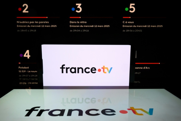 Logo du groupe France Télévisions et panel de ses chaînes, le 12 mars 2025 à Toulouse