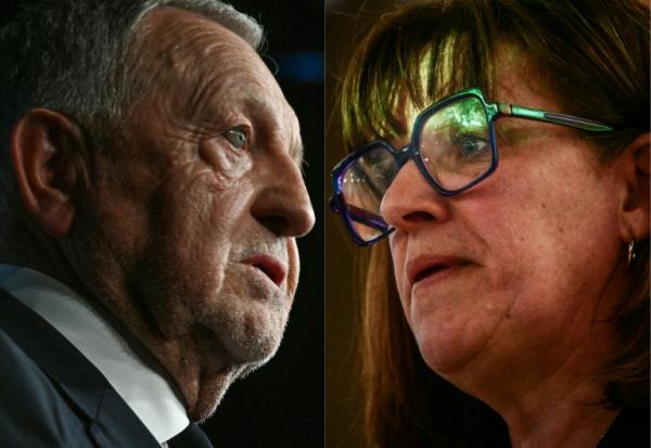 Ce montage photo, réalisé le 11 juin 2026, montre Jean-Michel Aulas,   à Lyon le 26 septembre 2025 et Véronique Sarselli, maire de Sainte-Foy-lès-Lyon et conseillère métropolitaine de Lyon, le 26 mars 2026