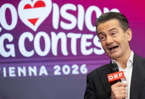 Le directeur général du groupe audiovisuel public ORF, Roland Weissmann, lors d'une conférence de presse sur l'actualité du Concours (ESC) à Vienne, le 26 février 2026 en Autriche