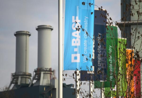 The logo of German chemical giant BASF is pictured at its headquarters in Ludwigshafen, 