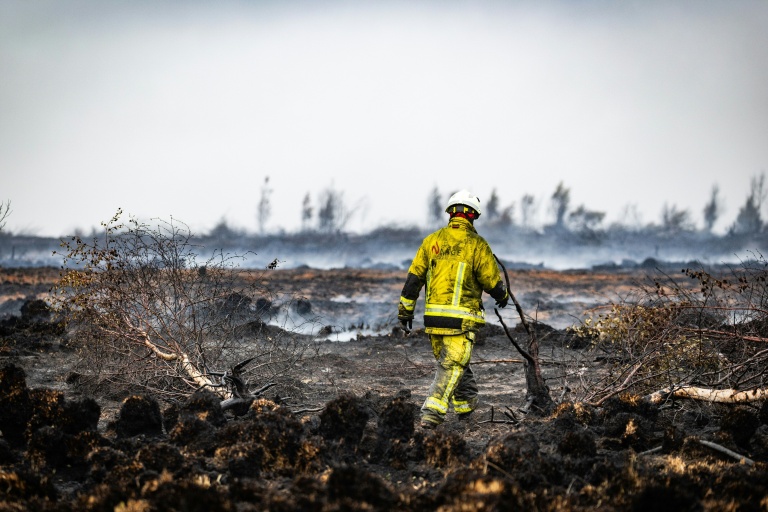 Un pompier muni d'une lance à incendie lors des opérations contre un feu de forêt dans la réserve naturelle des Hautes Fagnes, dans l'est de la Belgique, le 18 août 2026