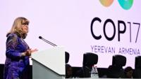 Astrid Schomaker, secrétaire exécutive de la Convention des Nations unies sur la diversité biologique, lors de la COP17 à Erevan, le 27 octobre 2026 en Arménie