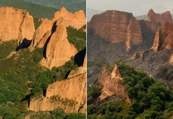 Cette combinaison d'images créee le 11 août 2025 montre le site de Las Médulas, anciennes mines romaines classée par l'Unesco, dans la municipalité de Carucedo, le 4 septembre 2024 (à gauche) et le même endroit photographié le 11 août 2025 (à droite) après qu'un incendie ait ravagé la région.