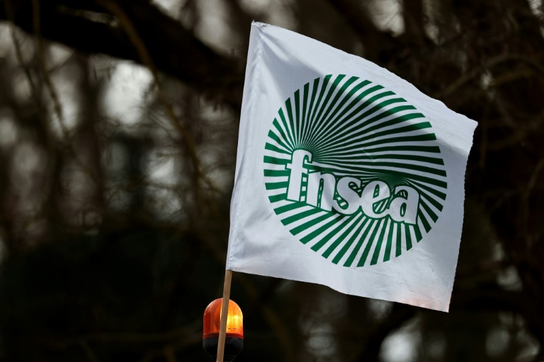 Drapeau FNSEA lors d'un rassemblement à Chambly, dans l'Oise, à 70 km au nord de Paris, le 29 janvier 2024.