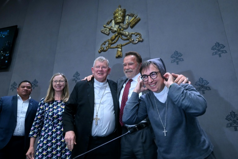 From left: Climate activist Maina Talia, Lorna Gold, executive director of the Laudato Si movement, cardinal Jaime Spengler, US actor Arnold Schwarzenegger, Italian economist, sister Alessandra Smerilli pose for a photo after a press conference about 'Raising Hope for Climate Justice'in The Vatican on September 30, 2025.