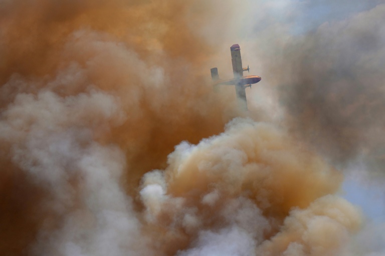 Un avion de lutte contre les incendies dans la fumée d'un feu de forêt près du village d'Abejera, dans la province de Zamora en Espagne, le 13 août 2025
