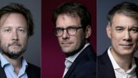 Le chef des députés socialistes Boris Vallaud (à gauche), le maire socialiste de Rouen Nicolas Mayer-Rossignol (au centre) et le premier secrétaire du Parti socialiste Olivier Faure