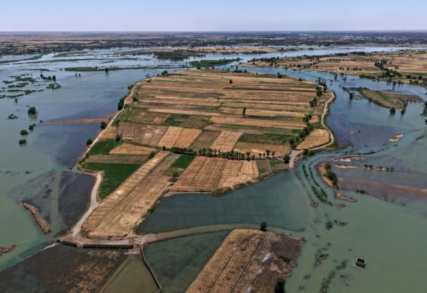 Une zone inondée dans la province syrienne de Deir Ezzor, le 31 mai 2026, suite aux récentes crues provoquées par la montée des eaux de l'Euphrate