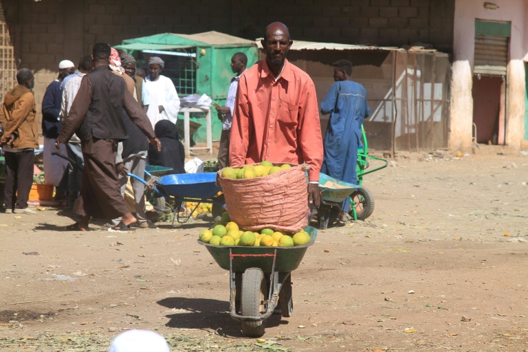 Un vendeur de fruits transporte des oranges, le 17 janvier 2025 à Khartoum au Soudan