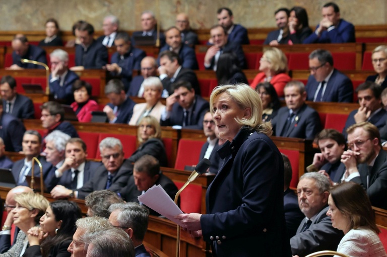 La présidente du groupe RN à l'Assemblée nationale Marine Le Pen s'exprime le 28 janvier 2025 à Paris lors d'une séance de questions au gouvernement