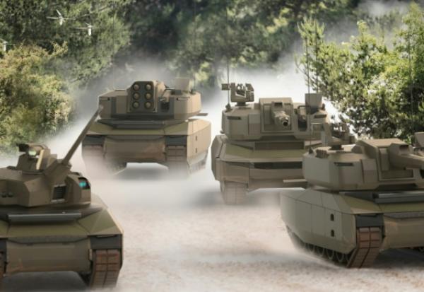 Illustration fournie le 26 avril 2024 par KNDS montrant des chars de combat avancés MGCS et des drones, en haut à gauche de l'image