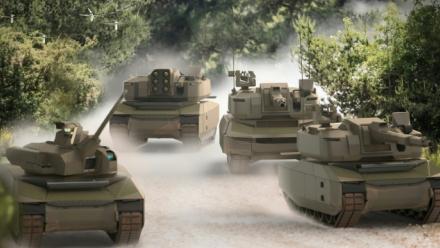 Illustration fournie le 26 avril 2024 par KNDS montrant des chars de combat avancés MGCS et des drones, en haut à gauche de l'image