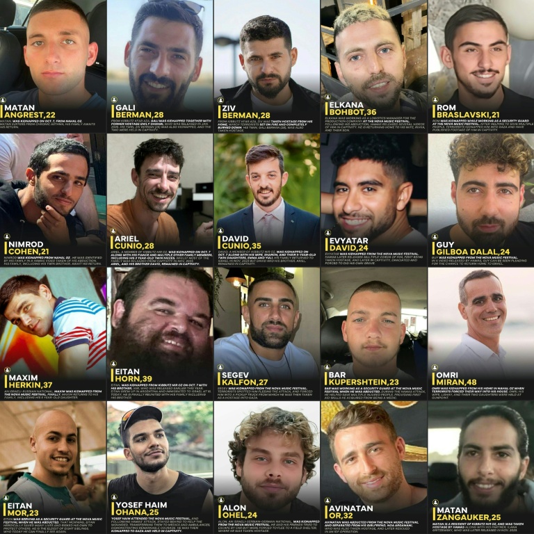 Portraits non datés des 20 derniers otages détenus par le Hamas dans la bande de Gaza. Combo créé le 13 octobre 2025, jour de leur libération, à partir de photos fournies par l'armée israélienne.