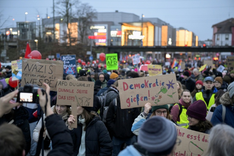 Manifestation contre le parti d'extrême droite allemande AfD réuni pour un congrès à Giessen, le 29 novembre 2025 dans le centre de l'Allemagne