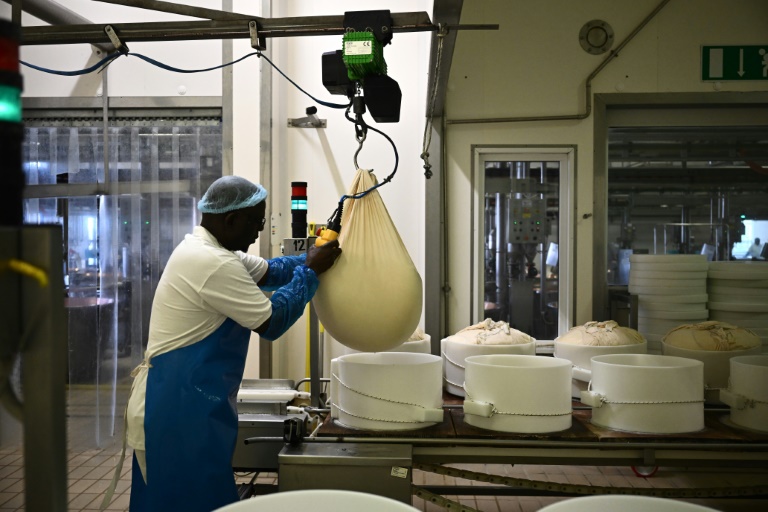 Un employé de l'usine Casearia Castelli, du groupe Lactalis, le 19 avril 2023 à Reggio Emilia, dans le nord de l'Italie 