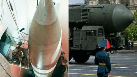 Combinaison d'images du 5 février 2026 montrant à gauche une image fournie par l'US Air Force d'un technicien inspectant un missile LGM-30G Minuteman III dans un silo situé dans le Dakota, aux Etats-Unis et à gauche un missile balistique intercontinental A RS-24 Yars sur la place Rouge à Moscou le 9 mai 2025 lors du défilé du jour de la victoire