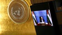 Le président palestinien Mahmoud Abbas s'exprime par vidéo lors d'un sommet au siège des Nations unies, à New York, le 22 septembre 2025