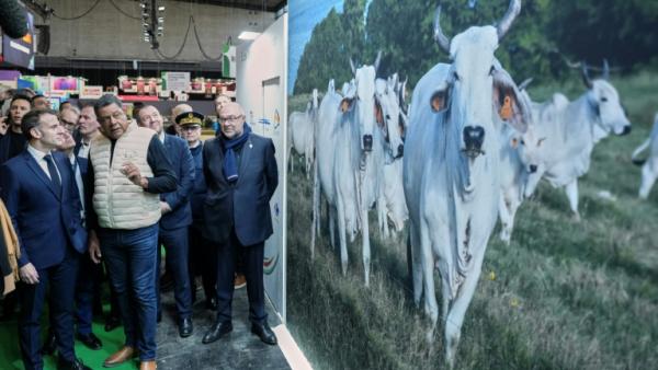 Le président Emmanuel Macron (g) au Salon de l'agriculture le 21 février 2026 à Paris devant un hologramme d'une vache 