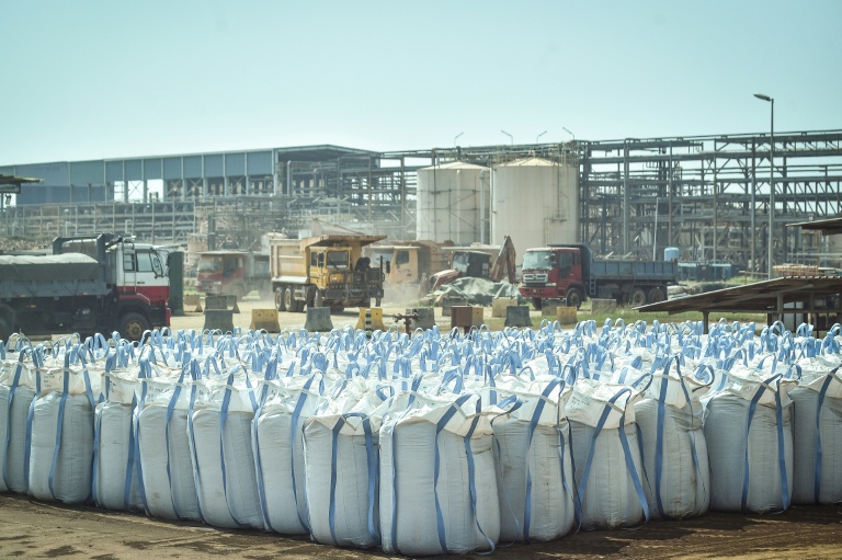 Des sacs contenant des terres rares finement triées lors d'une visite des installations de la société minière australienne Lynas à Gebeng, dans l'est de la Malaisie, le 8 avril 2026