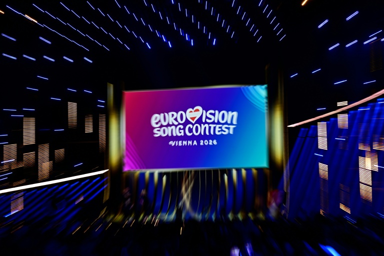 Logo du concours de l'Eurovision lors de la demi-finale de l'édition 2026 à Vienne, le 12 mai 2026.