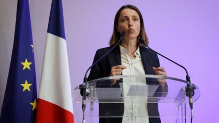 La secrétaire générale de la CGT, Sophie Binet, en conférence de presse, le 13 avril 2026 à Paris