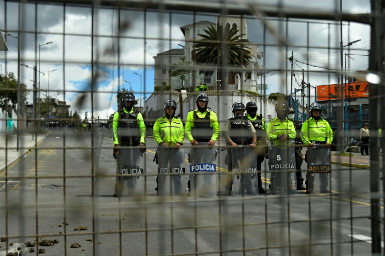 Des policiers montent la garde devant l'Assemblée nationale, le 23 juin 2022 à Quito, en Equateur