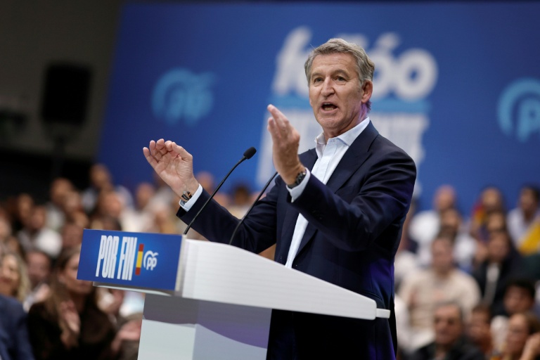 Le leader de l'opposition de droite espagnole, Alberto Núñez Feijóo, s'exprime lors d'un meeting de campagne, le 10 octobre 2026 à Madrid en vue des élections législatives de fin novembre