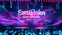Le logo de l'Eurovision à la St. Jakobshalle de Bâle, le 14 mai 2025 en Suisse