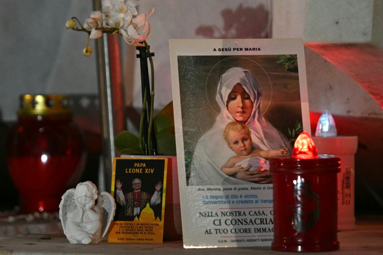 Des fleurs et des bougies déposées devant l'hôpital Gemelli où est hospitalisé le pape Léon XIV, le 13 octobre 2026 à Rome