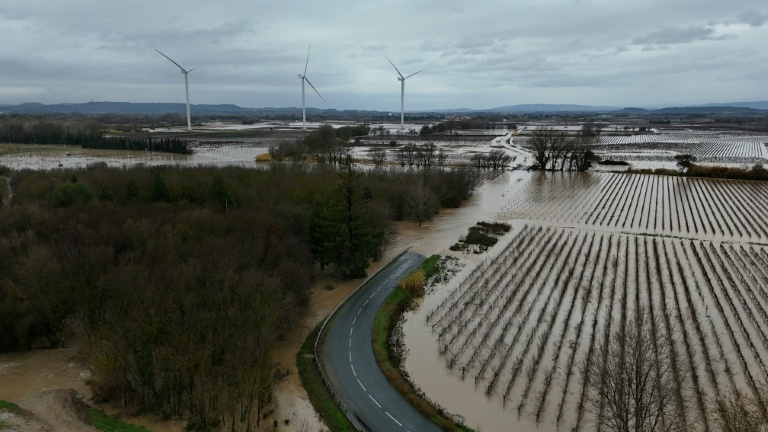 Vue aérienne des inondations à Coursan, dans l'Aude, en raison de la crue de l'Aude provoquée par des pluies torrentielles, le 19 janvier 2026 