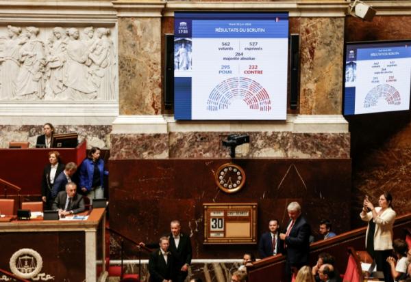Un écran géant affiche le résultat du vote sur le nouveau projet de loi relatif à la fin de vie à l'Assemblée nationale, le 30 juin 2026 à Paris