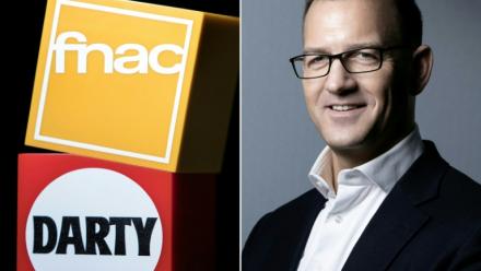 Montage de photos, du 26 janvier 2026, montrant le logo de la Fnac et de Darty et un portrait de   l'homme d'affaires tchèque Daniel Kretinsky