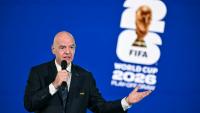Le président de la Fifa Gianni Infantino lors du tirage au sort des barrages pour la Coupe du monde 2026 aux Etats-Unis, au Canada et au Mexique, à Zurich le 20 novembre 2025
