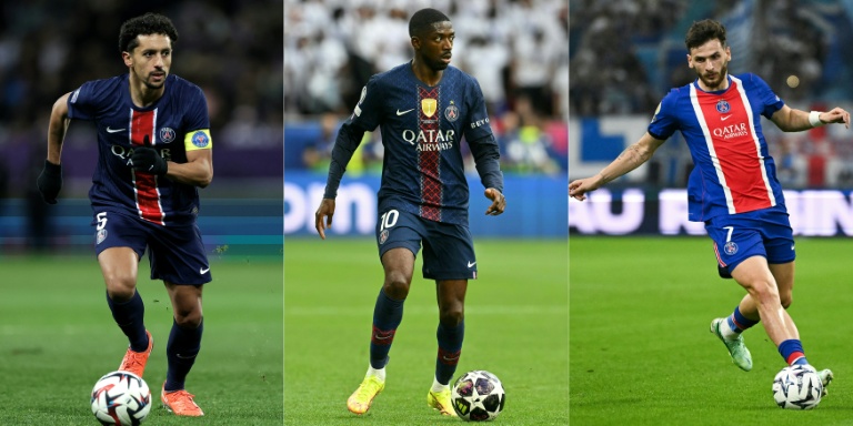 De gauche à droite, les joueurs du PSG Marquinhos, Ousmane Démbélé et KhvichaKvaratskhelia, tous trois sortis blessés lors du match contre le FC Barcelone, le 20 octobre 2026 au Parc des Princes
